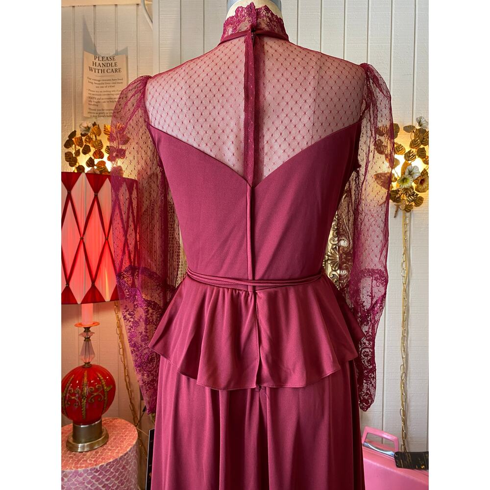 vintage 1970s maroon peplum maxi dress, embroidered net lace, wednesday, med 28 - Picture 8 of 10